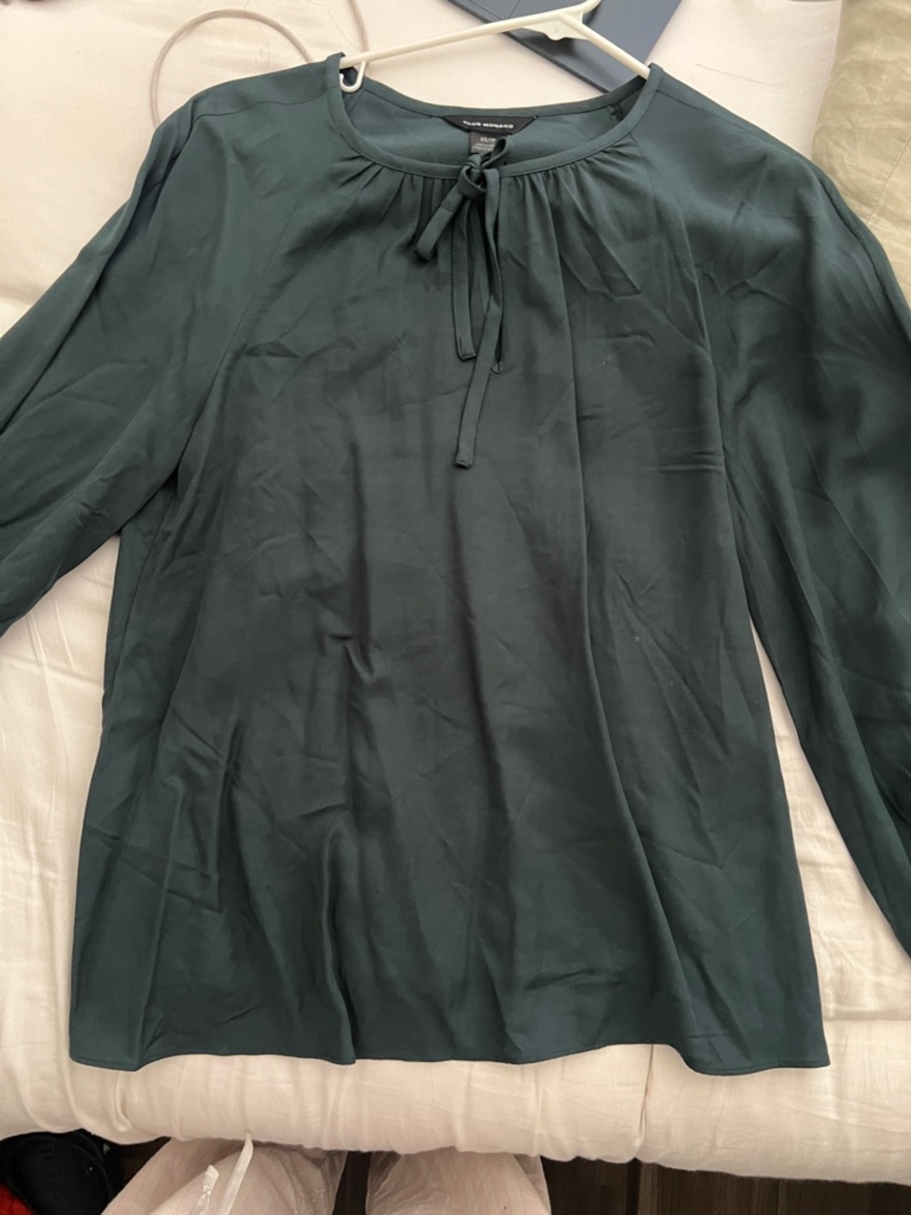 Club Monaco Forest Green Tie-Neck Long Sleeve Blouse